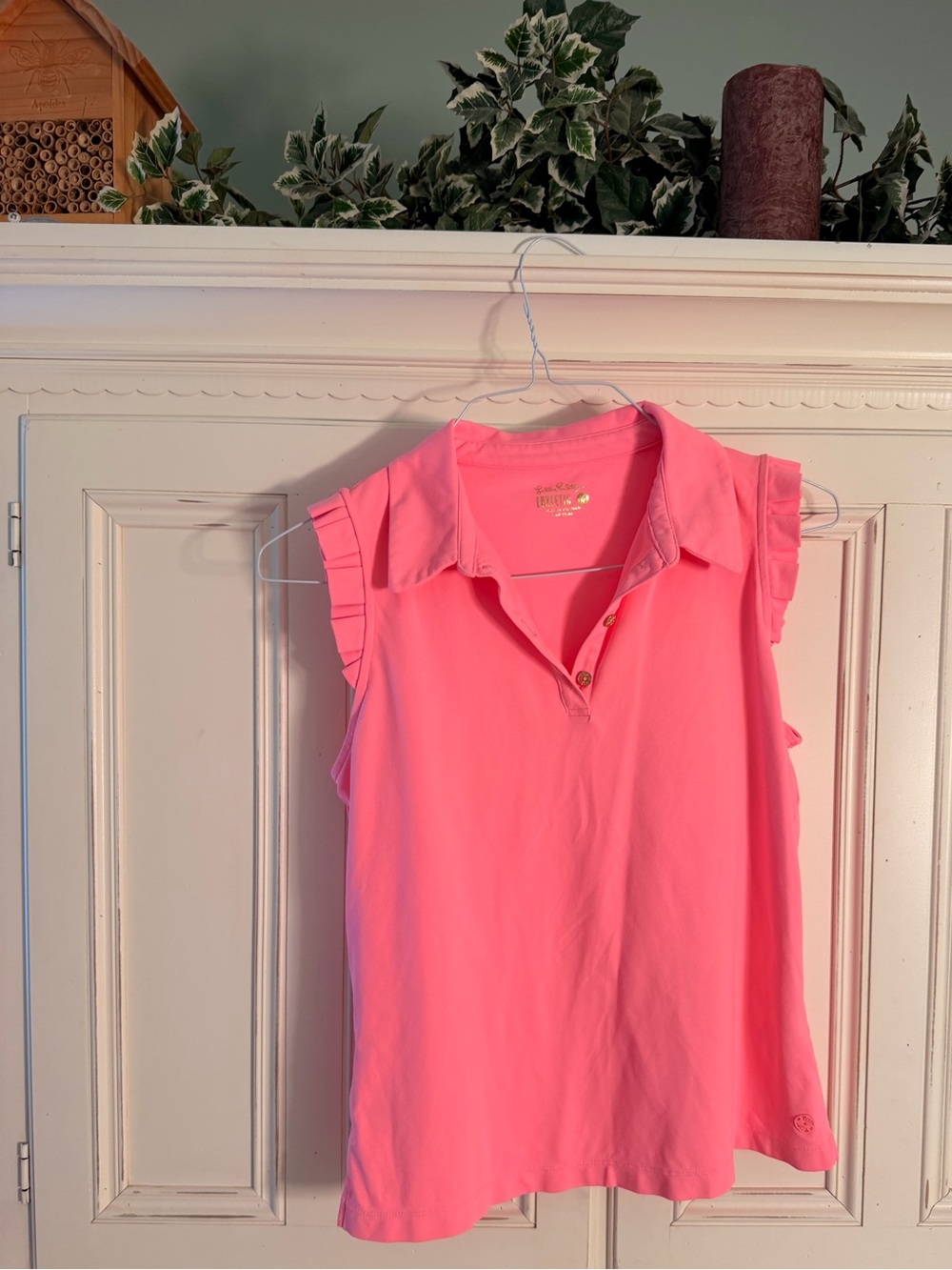 Lilly Pulitzer Luxletic Bright Pink Ruffle-Sleeve Polo Tank, VGUC